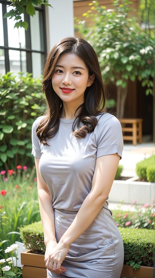 Draw lips correctly, red lipstick, from chest up, best quality, Super detailed, lifelike, Super fine skin, perfect anatomy, (1 日本Mature的女人), (alone)，Wearing a gray crew neck sweater dress，short sleeve，wavy long hair，37-year-old female，Mature，charming smile，garden background，stand，Slightly fat，medium chest，intact finger，full-body shot。
