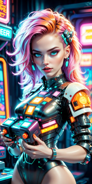 (masterpiece), best quality, expressive eyes, perfect face, ((In the style of retro pixel art)), vibrant colors, dynamic composition, futuristic, sci-fi, cyberpunk, neon lights, arcade game vibe, electric energy. A girl with vibrant hair and cybernetic enhancements delicatelya (( holds a retro joystick in her hands)). ,real_booster,cyberpunk style,KA