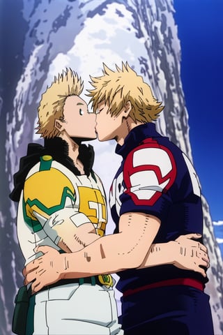 score_9,score_8_up,score_7_up, (two men, couple, duo:1.5), gay, bara, (kiss:1.5), hand on waist, looking at viewer, mirio_toogata ,izuku_midoriya, perfect anatomy, perfect proportions, best quality, masterpiece, high_resolution, dutch angle, cowboy shot, photo background, day, blue sky, ocean, look at each other, (perfect hands),mirio_toogata, green hair,