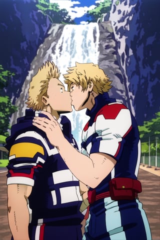 score_9,score_8_up,score_7_up, (two men, couple, duo:1.5), gay, bara, (kiss:1.5), hand on waist, looking at viewer, mirio_toogata ,izuku_midoriya, perfect anatomy, perfect proportions, best quality, masterpiece, high_resolution, dutch angle, cowboy shot, photo background, day, blue sky, ocean, look at each other, (perfect hands),mirio_toogata, green hair, blonde hair