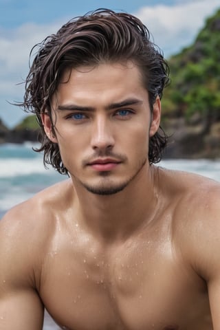 Imagine the following scene:

On a large, beautiful beach, during the day, with many waves, a beautiful man bathes. (The man is inside the beach), he is bathing in the sea

The man is from Japan, 25yo, very light and bright blue eyes, big eyes, long eyelashes, full and red lips.

Wears a navy blue swimsuit, wet hair, wet skin, wet skin

Dynamic pose.

The shot is wide, to capture the details of the scene. full body shot, best quality, 8K, high resolution, masterpiece, HD, perfect proportions, perfect hands.