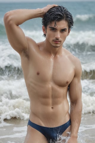 Imagine the following scene:

On a large, beautiful beach, during the day, with many waves, a beautiful man bathes. (The man is inside the beach), he is bathing in the sea

The man is from Japan, 25yo, very light and bright blue eyes, big eyes, long eyelashes, full and red lips.

Wears a navy blue swimsuit, wet hair, wet skin, wet skin

Dynamic pose.

The shot is wide, to capture the details of the scene. full body shot, best quality, 8K, high resolution, masterpiece, HD, perfect proportions, perfect hands.,Muscle
