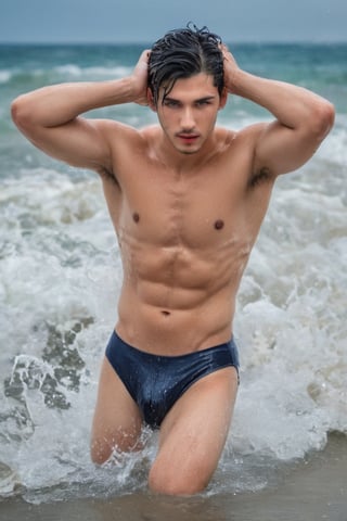 Imagine the following scene:

On a large, beautiful beach, during the day, with many waves, a beautiful man bathes. (The man is inside the beach), he is bathing in the sea

The man is from Japan, 25yo, very light and bright blue eyes, big eyes, long eyelashes, full and red lips.

Wears a navy blue swimsuit, wet hair, wet skin, wet skin

Dynamic pose.

The shot is wide, to capture the details of the scene. full body shot, best quality, 8K, high resolution, masterpiece, HD, perfect proportions, perfect hands.