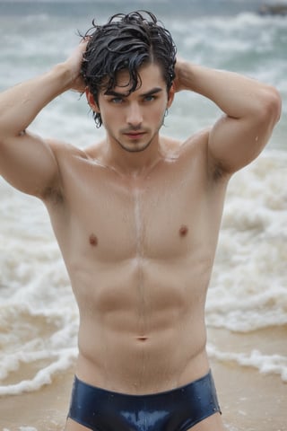 Imagine the following scene:

On a large, beautiful beach, during the day, with many waves, a beautiful man bathes. (The man is inside the beach), he is bathing in the sea

The man is from Japan, 25yo, very light and bright blue eyes, big eyes, long eyelashes, full and red lips.

Wears a navy blue swimsuit, wet hair, wet skin, wet skin

Dynamic pose.

The shot is wide, to capture the details of the scene. full body shot, best quality, 8K, high resolution, masterpiece, HD, perfect proportions, perfect hands.,Muscle