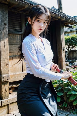 masterpiece, best quality, ultra realistic illustration, 16K, (HDR), high resolution, female_solo, slender hot body proportion, looking at viewer, big eyes, beautiful korean girl, 1 female samurai , holding sword katana+battoujutsu, (wearing highly detailed red haori+hakama skirt), full-body shot, (white long hair:1.0), (green eyes:1.0), highly detailed background of ancient Japan architecture, add More Detail,Enhance,chinatsumura,wearing acmmsayarma outfit