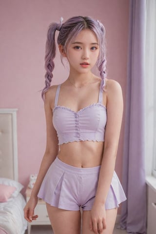 (masterpiece, cinematic, photorealistic, realistic details, dynamic light & pose, high quality, perfect lighting), More Reasonable Details, hubggirl, BREAK, A cute girl with light purple hair styled in twintails, wearing a playful outfit, standing in a pastel-colored room with soft, naked_shirt, small breast