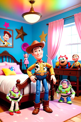 (masterpiece, 3d, doll model, toy, cartoon, toy story, dynamic light & pose, ethereal quality, More Reasonable Details, vibrant lighting, colorful, tiny), Woody from Pixar's Toy Story, his cowboy hat and sheriff's badge, hand to hold the brim of cowboy hat, stay in Andy's colorful bedroom, dynamic poses, surrounded by other toys and vibrant decor, close up.
