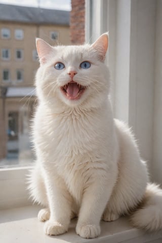 (masterpiece, cinematic, photorealistic, realistic details, dynamic light & pose, high quality, warm lighting), More Reasonable Details, hubggirl, BREAK, A fluffy white cat with bright, blue eyes, open mouth slightly, sitting gracefully on a windowsill, with sunlight streaming in and casting a warm glow on its pristine fur.
