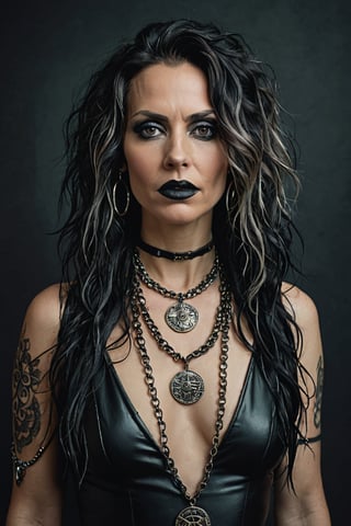 A striking, edgy 40 year old goth woman stands confidently against a moody backdrop. Her dark smoky eye makeup and bold lipstick are accentuated by facial piercings, including a prominent septum ring. Long messy hair. latex dress, Layers of pendants and coin necklaces. The Hasselblad medium format camera captures the scene with the Helios 44-2 58mm F2 lens, showcasing realistic, textured skin and cinematic backlit lighting