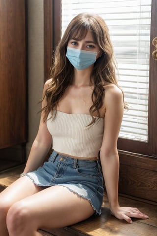 29 years old girl, blue eyes, long wavy messy brown hair with slightly blonde highlight, long front bangs, strapless black tanktop, denim micro skirt, surgical mask, covid mask, wearing headscarf, white sneaker shoes, HD, 16K, sitting down indoors, natural lighting, 