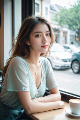 Cute girl sitting in a position by the window of the café, natural lighting from window, 35mm lens, soft and subtle lighting, girl centered in frame, shoot from eye level, incorporate cool and calming colors