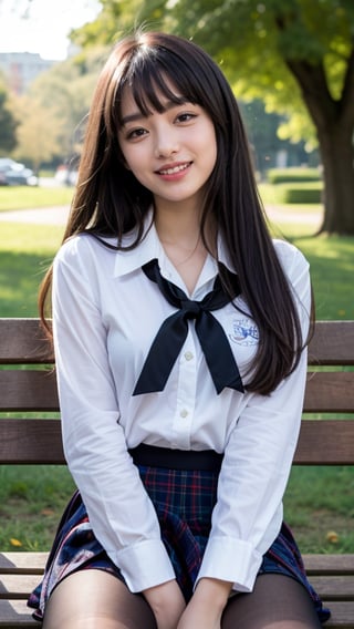 Surreal portrait of a 16 year old girl with long beautiful hair. She is wearing her school uniform, a sailor suit, with a white shirt, tartan tie, and skirt. She is painting an image. Her brown ponytail hair is complemented by her blunt bangs that frame her face. She is sitting on a white bench chair in the park, a gentle smile on her face and warmth radiating from her blue eyes. Her discreet red ribbon adds a charming touch to her uniform look. A smile, knee-length tights, a smile,