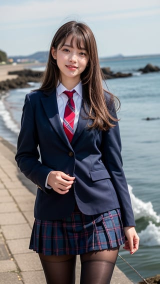 Surreal portrait of a 16 year old girl with long beautiful hair. She wears her school uniform's navy blue blazer over a white shirt, paired with a tartan tie and skirt. She is painting an image. Her brown hair is complemented by her blunt bangs that frame her face. She is standing quietly on the shore near the sea with a gentle smile on her face, her blue eyes radiating warmth. Her modest red ribbon adds a charming touch to her uniform attire. A smile, knee-length tights,