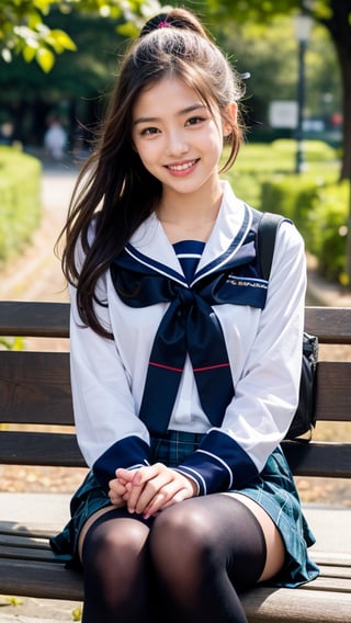 Surreal portrait of a 16 year old girl with long beautiful hair. She wears her school uniform, a sailor suit, with a white shirt, tartan tie, and skirt. She is painting an image. Her hair is in a brown ponytail, she is sitting on a white bench chair in the park, a gentle smile on her face and warmth radiating from her blue eyes. Her discreet red ribbon adds a charming touch to her uniform look. A smile, knee-length tights, a smile,