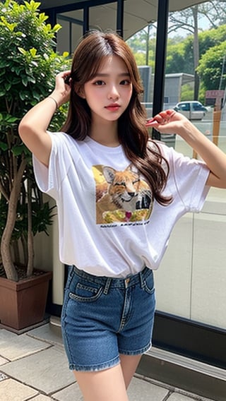 18 year old Korean female, long brown hair fairy hairstyle, oversized T-shirt, short pants, blue jeans, walking in the zoo, smiling, 160 cm, nice smile, (Ruan-mei)