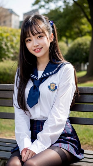 Surreal portrait of a 16 year old girl with long beautiful hair. She is wearing her school uniform, a sailor suit, with a white shirt, tartan tie, and skirt. She is painting an image. Her brown ponytail hair is complemented by her blunt bangs that frame her face. She is sitting on a white bench chair in the park, a gentle smile on her face and warmth radiating from her blue eyes. Her discreet red ribbon adds a charming touch to her uniform look. A smile, knee-length tights, a smile,