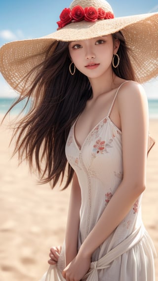 background is beach,sand,tropical forest,
20 yo, 1 girl, beautiful korean girl,standing,
wearing white simple summer dress(red flower pattern,strap),cloth flowing by wind, hold women hat with hands,smile, solo, {beautiful and detailed eyes}, dark eyes, calm expression, delicate facial features, ((model pose)), Glamor body type, (dark hair:1.2), simple tiny earrings, flim grain, realhands, masterpiece, Best Quality, 16k, photorealistic, ultra-detailed, finely detailed, high resolution, perfect dynamic composition, beautiful detailed eyes, eye smile, ((nervous and embarrassed)), sharp-focus, full_body, cowboy_shot,