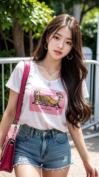 18-year-old Korean woman, long brown hair with fairy-like hairstyle, large pink and black T-shirt, shorts, blue jeans, walking in the zoo, 160cm tall, nice smile, (Luan Mei), smile , wearing a necklace and earrings, laughing out loud,