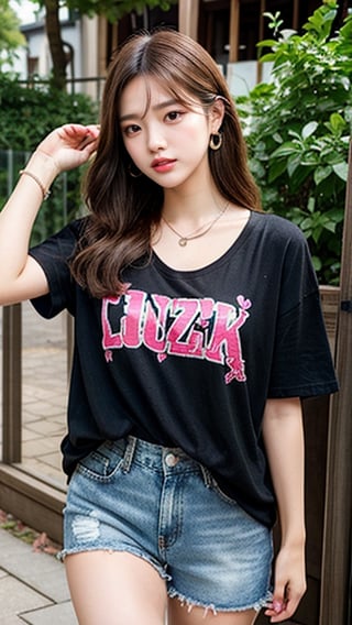 18-year-old Korean woman, long brown hair with fairy-like hairstyle, oversized pink and black T-shirt, shorts, blue jeans, walking in the zoo, 160cm tall, nice smile, (Luan Mei), smile,wearing a necklace and earrings