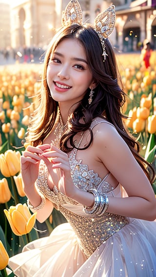 Absurd, High Resolution, Super Detailed, (1 Girl: 1.3), Smile, Sunlight, Lens Flare Reflections, Lomography, Analog Photography, Vibrant Colors, Soft Focus, Light Leak, Dreamy Atmosphere, Experimental charm, nostalgic charm, look at the beholder, tulip field in the background, one tulip flower on the right hand, perfect fingers, one girl, one girl, smiling, 16 years old,