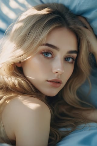 a woman with long hair laying in bed, in the style of yigal ozeri, anamorphic lens flare, bella kotak, video, close up, jagged edges, light beige and blue, 
