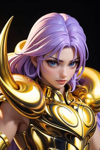 (Extremely detailed CG uniform 8k wallpaper, masterpiece, best quality, super detailed), male anime character wearing golden armor, 1boy, golden armor, male focus, handsome face, purple wavy shawl long hair, armor, solo, Aries Armor, Trending on Artstation, Fantasy00d, Saint