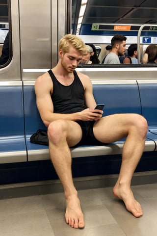 sitting, full body, on the metro, cute 20yo blond guy, shirtless, black shorts, hairy legs, showing ankles, barefoot, looking down at his phone