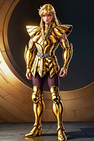 (Extremely detailed CG uniform 8k wallpaper, masterpiece, best quality, super detailed), male anime character Shaka wearing golden armor, 1boy, golden armor, male focus, handsome face, long blond hair, armor, solo, full body, Standing, Virgo Armor, Trend Artstation,Shaka