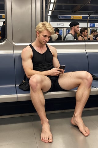 sitting, full body, on the metro, cute 20yo blond guy, shirtless, black shorts, hairy legs, showing ankles, barefoot, looking down at his phone