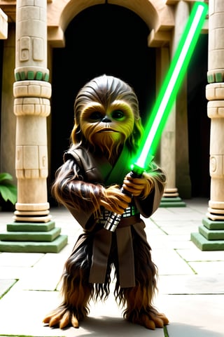 A scene from Star Wars.
A full body portrayal.

A 5 year old Wookiee in a temple courtyard in Mayan style.
He wields a lightsaber with a green blade. 
