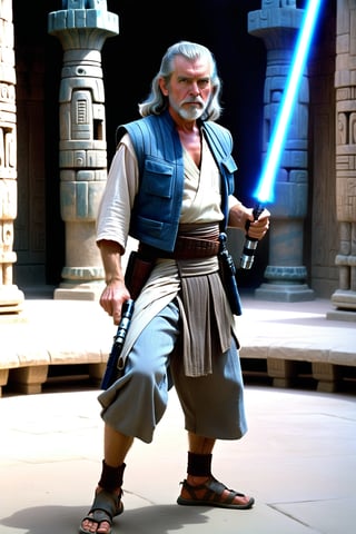 A scene from Star Wars.
A full body portrayal.
A man with long grey hair and a short beard in the courtyard of a Mayan-style temple.
He is dressed in light three-quarter trousers, a vest and light shoes.
He wields a lightsaber with a blue blade.