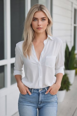 Full realistic full body photo from far of a stylish young woman with large, captivating blue eyes, natural complexion, blond hair, long face. slim boned, long limbed, lithe and with very little body fat and little muscle .Highlighting her as a modern, approachable virtual influencer. white shirt.
modern house background
