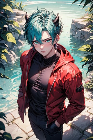 (masterpiece, best quality:1.0), ultra high res,4K,ultra-detailed, perfect lighting,Colorful,

(1boy, manly, mature male1:2), very tall, short hair, (cyan hair: 1.1), detailed eyes, (emerald green eyes), medium black horns

fit, calm smile, calm face, black hoodie, red pants, standing, arms crossed, outdoors, fair, warm colors, (upper body), (from above)