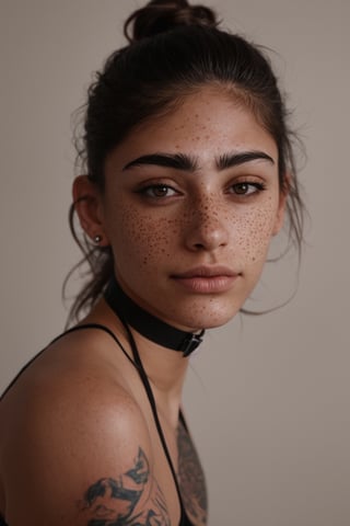 photo, rule of thirds, dramatic lighting, medium hair, detailed face, detailed nose, woman wearing tank top, freckles, collar or choker, smirk, tattoo, intricate background
,realism,realistic,raw,analog,woman,portrait,photorealistic,analog,realism,Indian ,Western 