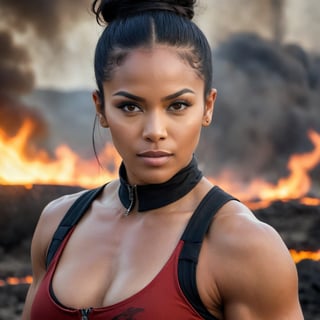 Portrait, close up, Latina warrior woman, (35 years old: 1.2), long black hair in a bun, (muscular: 1.5), (wears a sleveless red skin-tight combat top that is zipped up to the neck: 1.5), fiery determination in her eyes, burning apocalyptic landscape background, fire and embers in the air, detailed skin texture, subtle wrinkles, natural pores, realistic skin tones, (minimal collarbone definition: 1.5), natural collarbones, symetric collarbones
