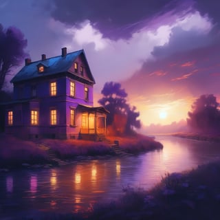 an old house by the river, warm lights behind the windows, main colors purple and blue, lofi style