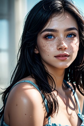 (best quality, 4k, 8k, highres, masterpiece:1.2), ultra-detailed, (realistic, photorealistic, photo-realistic:1.37), blue messy hair, light blue eyes, freckles, women, portrait, cinematic, bokeh, soft lighting, ethereal atmosphere, dreamy expressions, dynamic composition, textured background, vivid colors, subtle smile, graceful pose, professional, artistic, portrait photography