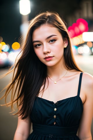 instagram photo, closeup face photo of 18 y.o swedish woman in dress, beautiful face, makeup, night city street, bokeh, motion blur
