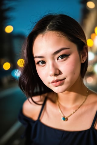 instagram photo, closeup face photo of 18 y.o swedish woman in dress, beautiful face, makeup, night city street, bokeh, motion blur
