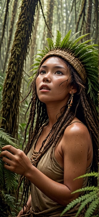 (action scene viewed from below, neolithic age) a beautiful young vietnamese female subduing her prey,dreadlocks, feathered headdress, fern forest,,<lora:659095807385103906:1.0>