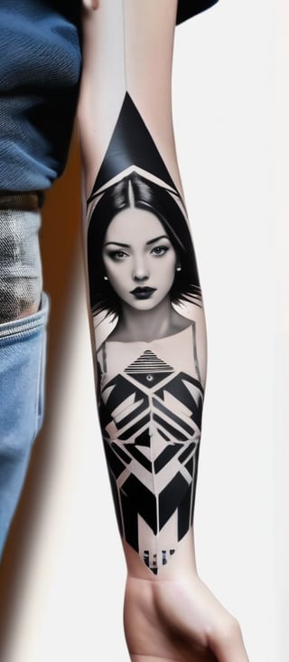 Realistic, masterpiece, high quality. A Woman with a tattoo on her arm. A beautiful geometric tattoo