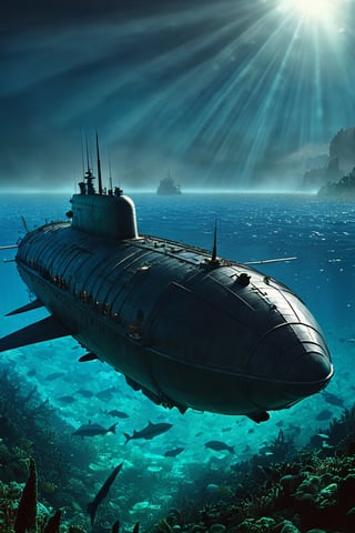 Futuristic military submarine, wide angle sea cam, beautiful deep-sea strobe lighting, underwater caustics, photon mapping and radiosity techniques, very detailed, twenty thousand leagues under the seas and journey to the center of the earth, the extraordinary voyages of jules verne, art nouveau scenario by fritz lang and pieter bruegel, bernardo belloto and ansel adams landscape, the abyss vfx by james cameron