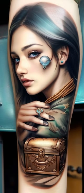 Realistic, masterpiece, high quality. A Woman with a tattoo on her arm. A beautiful gold coin tattoo with gemstone in a treasure chest