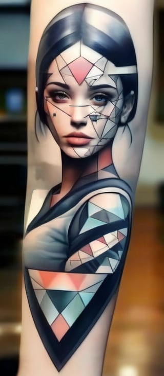 Realistic, masterpiece, high quality. A Woman with a tattoo on her arm. A beautiful geometric tattoo