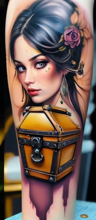 Realistic, masterpiece, high quality. A Woman with a tattoo on her arm. A beautiful gold coin tattoo with gemstone in a treasure chest