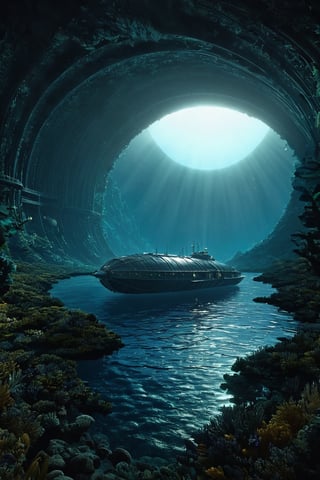 Futuristic nautilus submarine, wide angle sea cam, beautiful deep-sea strobe lighting, underwater caustics, photon mapping and radiosity techniques, very detailed, twenty thousand leagues under the seas and journey to the center of the earth, the extraordinary voyages of jules verne, art nouveau scenario by fritz lang and pieter bruegel, bernardo belloto and ansel adams landscape, the abyss vfx by james cameron