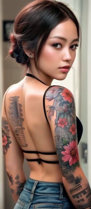 Realistic, masterpiece, high quality. A human female with a tattoo on her arm. A beautiful flower tattoo