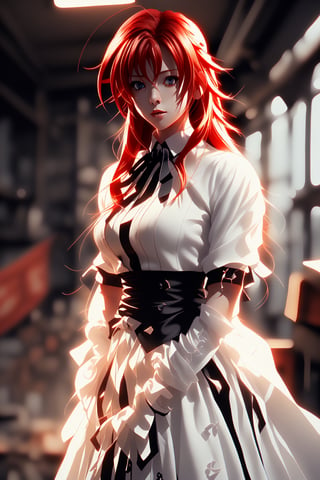 girl, rias gremory, red hair, long hair, shirt white, blue eyes, costume elegant, 4K, anime,