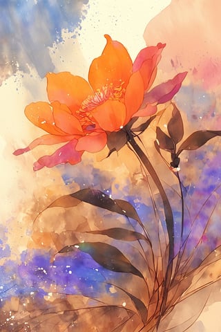 Soft focus captures the whimsical moment: a waning watercolor flower, its petals unfolding like a gentle sigh, floats effortlessly across a sun-weathered sandy dune. The stem stretches towards the setting sun, where vibrant orange and pink hues radiate, dal-1