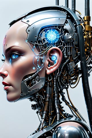 masterpiece, best quality, ultra-detailed, 8K, portrait  , face close-up ,1 robot woman , solo, side view ,blue eyes, mechanic metallic ear, metal material lips, the head of the robot’s woman has a llife-like face, no hair, the hair ‘position become a neural network formed by strands of transparent metal tubes ,the back of the robot’s woman head is transparent crystal state and inside filled with a very complex cyberpunk and electric nanite veins, futuristic vision, wasteland style background,